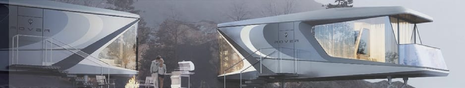 Two GEEK series capsule homes raised on legs on a hillside